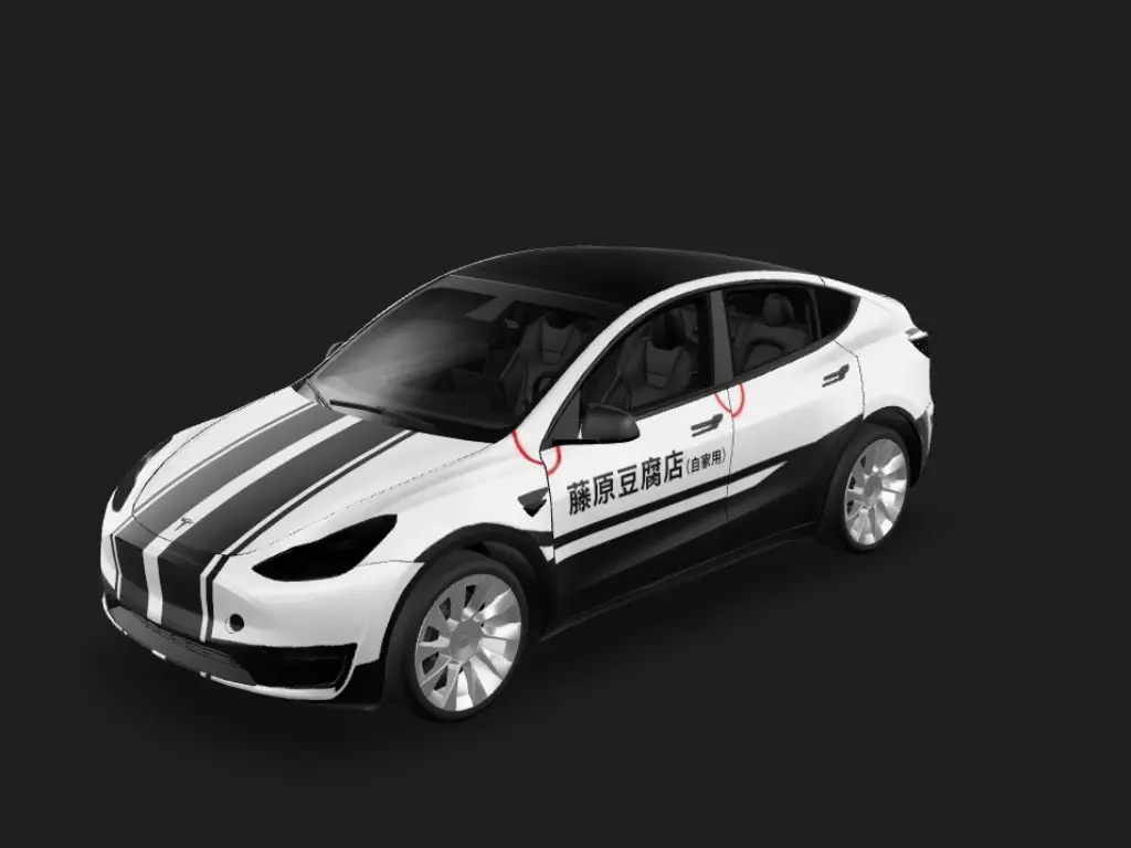 头文字D_AE86_熊猫 Tesla Model Y wrap - 一款定制化的特斯拉 Model Y 汽车贴膜设计，车身侧面视角，主题灵感来源于《头文字D》AE86。经典熊猫双拼配色：亮面白色上半车身，哑光黑色下半车身，用锐利...