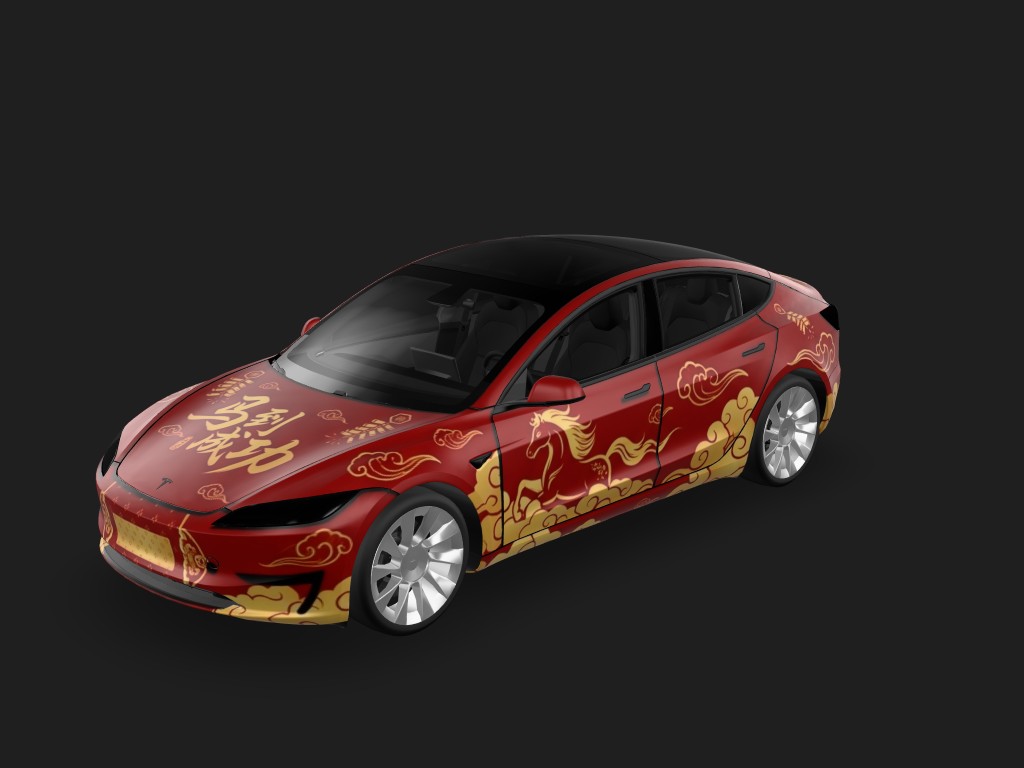 红色新年主题，车身有书法文字 “马到成功”风 Tesla Model 3 焕新版 wrap - 红色新年主题，车身有书法文字 “马到成功”...