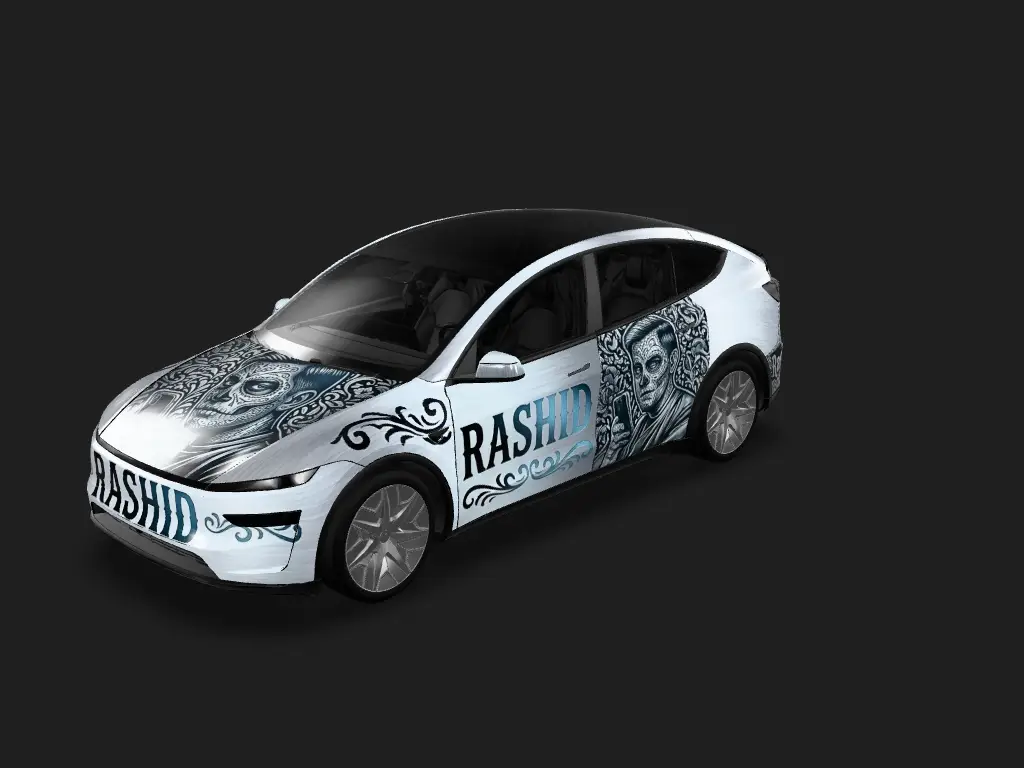 拉希德冰锋 Tesla Model Y L wrap - 图案用他来主题  文字Rashid字体风格为墨西哥风格，黑色渐变冰蓝 总体金属感...