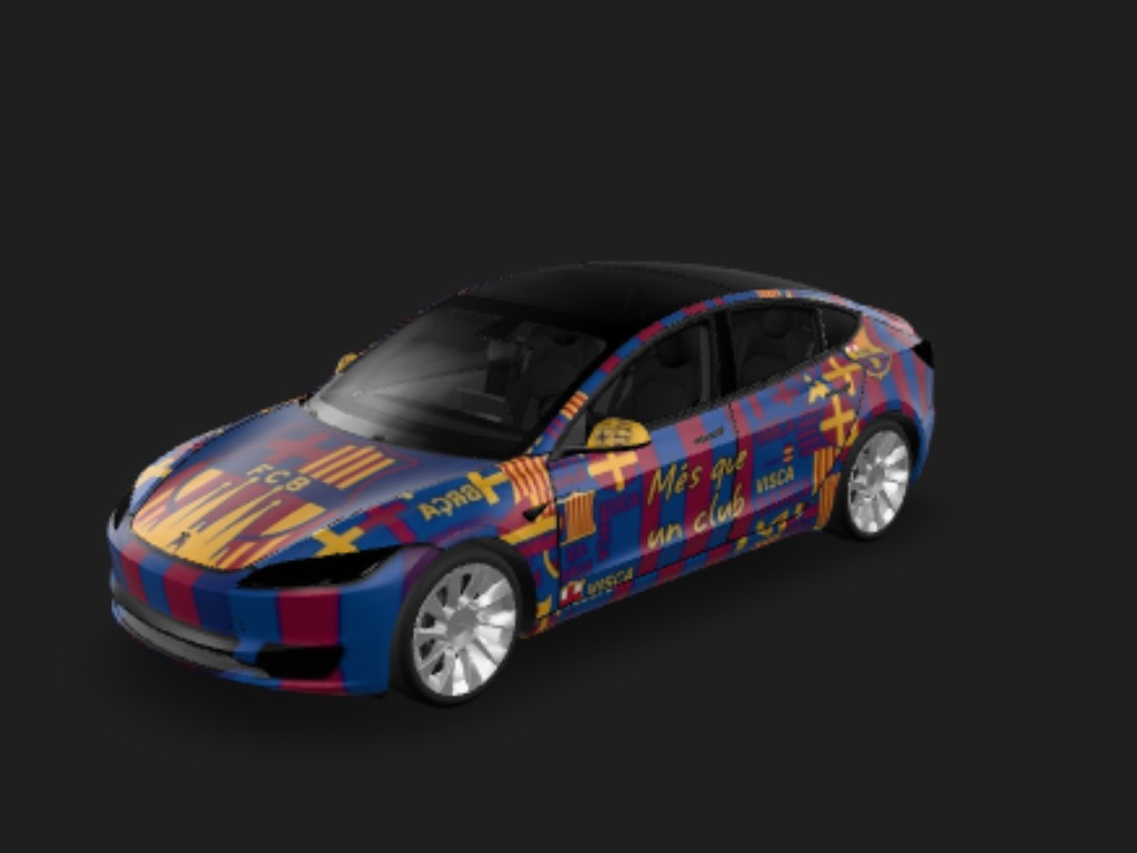 巴萨荣耀战甲 Tesla Model 3 焕新版 wrap - 生成一个巴塞罗那足球队元素的贴纸车衣，要有队徽，以及设计感要足...