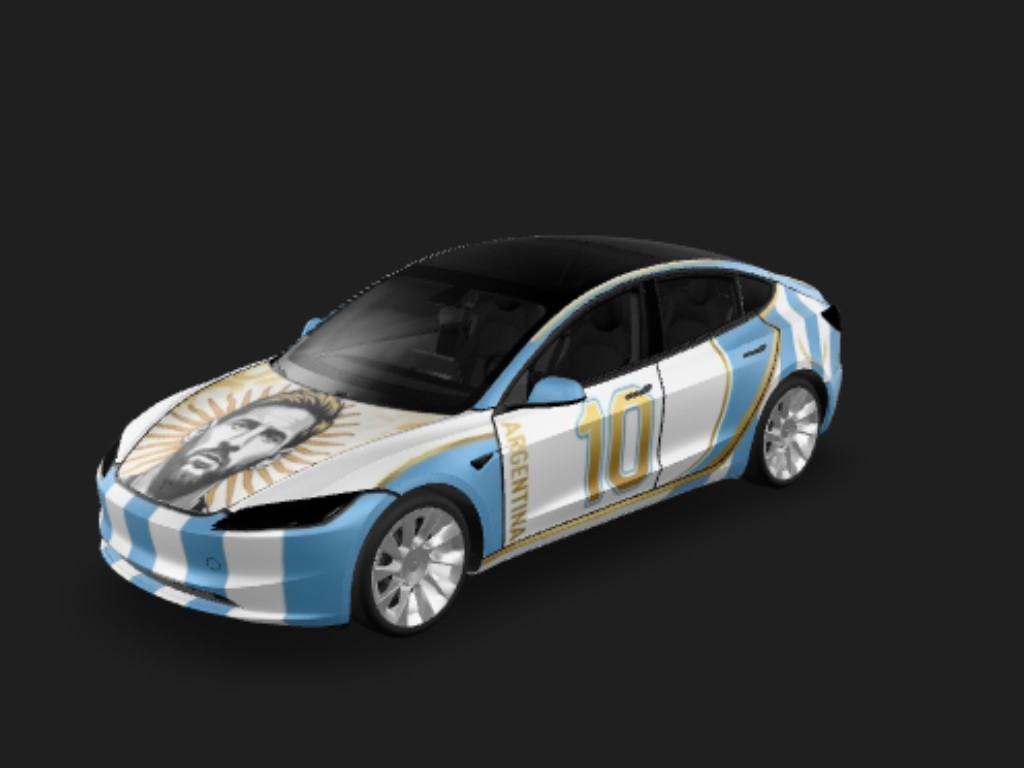 梅西10号：逐梦2026 Tesla Model 3 焕新版 wrap - 生成一个梅西以及阿根廷元素的贴纸车衣，要求必须有10号数字，以及最好和2026年世界杯贴合...