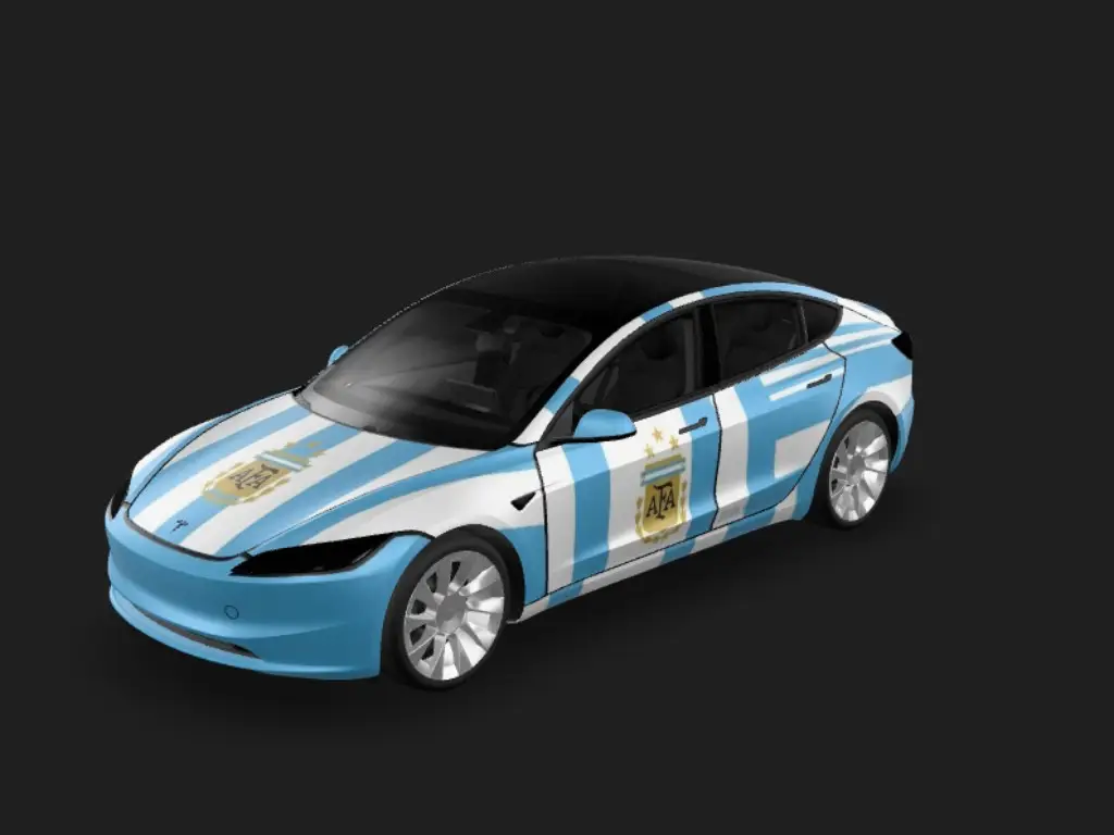 潘帕斯战魂 Tesla Model 3 焕新版 wrap - 2026 年世界杯阿根廷队主题，要有阿根廷国家队队服元素，整体统一性高，蓝白蓝三色条纹，队标在机盖上。...