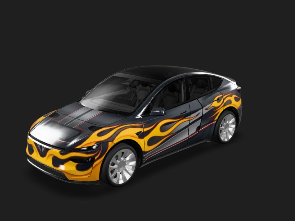 山灰烈焰 Tesla Model Y 焕新版 (Performance) wrap - 山灰哑光，加一点赛车火焰或者条纹...