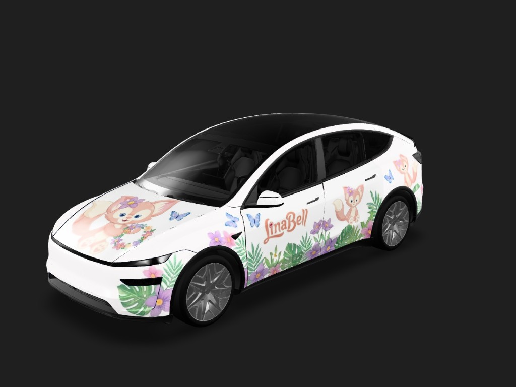 根据参考图的形象和风格生成，图案在同一侧不重复 Tesla Model Y L wrap - 根据参考图的形象和风格生成，图案在同一侧不重复...