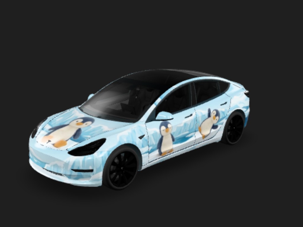 5只可爱的体态各异的Jellycat花生企鹅，分别以合适的大 Tesla Model 3 wrap - 5只可爱的体态各异的Jellycat花生企鹅，分别以合适的大小画在4个车门和引擎盖上，背景是南极天蓝色的冰川...