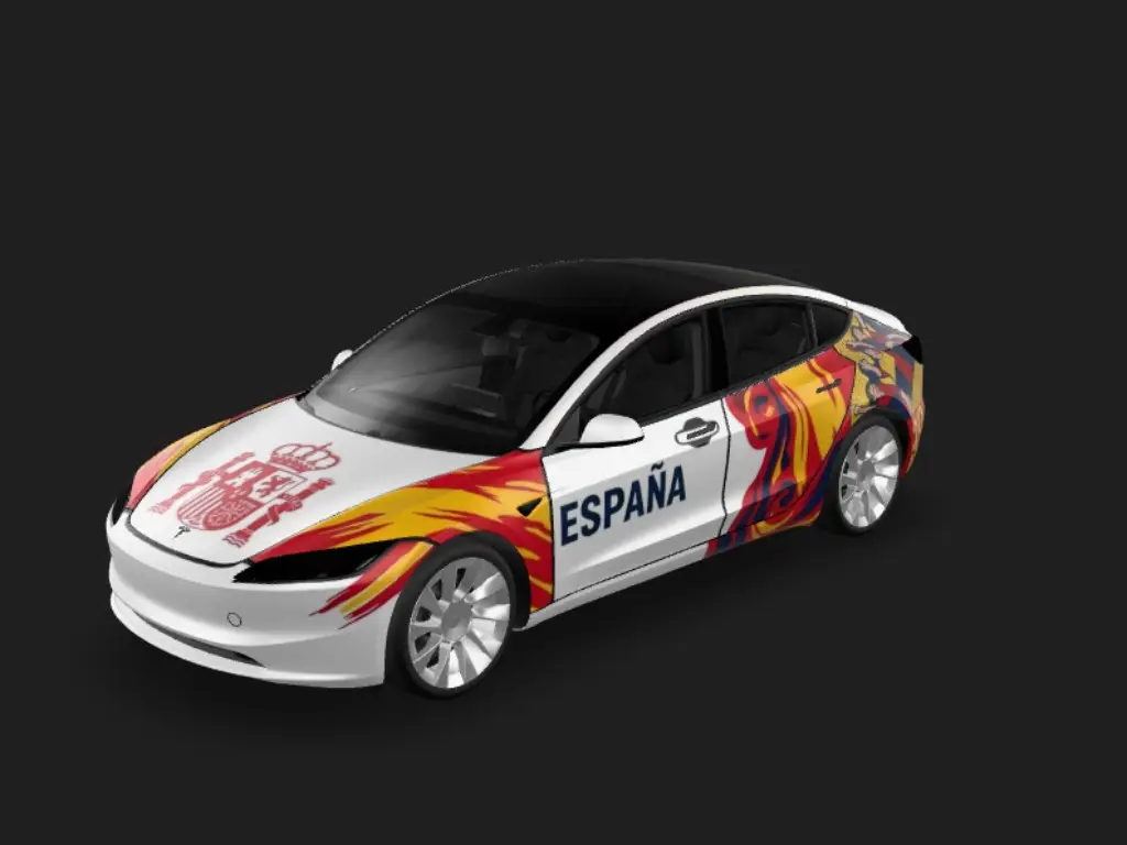 斗牛士荣耀 Tesla Model 3 焕新版 wrap - 2026 年世界杯西班牙国家队主题，元素不重复多次...