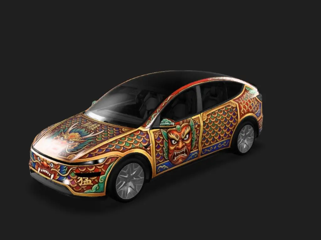 东方战甲 Tesla Model Y L wrap - 中国风，主要是颜色鲜艳的古装铠甲，冷兵器...