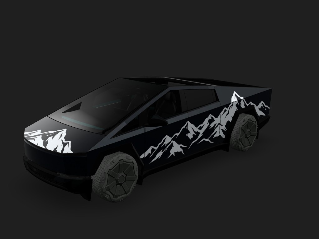 冰川之巅 Tesla Cybertruck wrap - 黑色车身，高级感的淡灰色雪山顶峰...