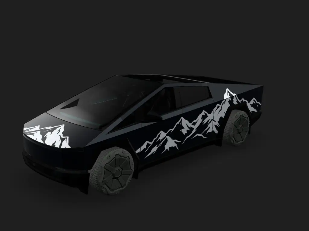 冰川之巅 Tesla Cybertruck wrap - 黑色车身，高级感的淡灰色雪山顶峰...