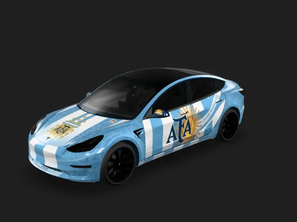 潘帕斯世界杯梦 Tesla Model 3 wrap - 2026 年世界杯阿根廷队主题，要有阿根廷国家队队服元素，整体统一性高，队标在机盖上。...